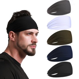 Sports Headband for Men, Stretchy Unisex Sweatband for Running, Cycling, Yoga, Workout, Hairband for Women and Mens (5pcs-Navy Grey,Black,White,Green,Navy Blue)