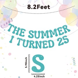 The Summer I Turned 25 Banner - Cheers to 25 Years, Summer Beach 25th Birthday Party Decorations Blue Glitter