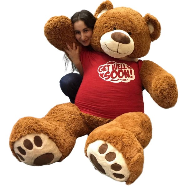 Big Plush 5 Foot Giant Teddy Bear Wearing GET Well Soon T-Shirt 60 Inch Soft Cinnamon Brown Color Huge Teddybear