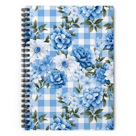 Floral Spiral Notebook 'Blue Gingham Flowers VII Shabby Chic' College Ruled Journals for Women Notes Writing Work School Office, 6x8 Inches, Blue, Green