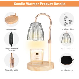 Honvinor Candle Warmer Lamp with Timer & Dimmer, Candle Warmer Height Adjustable, Fits All Jar Scented Candles, Candle Lamp with 3 Bulbs, Charming Gift for Home Decor