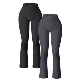 OQQ Women's 2 Piece Yoga Pants Ribbed Seamless Workout High Waist Cross Over Bell Bottoms Exercise Flare Leggings Black Darkgrey