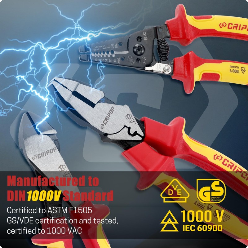 CRIPOP 3 PCS Insulated Pliers Set, 1000V Insulated Electrical Tools