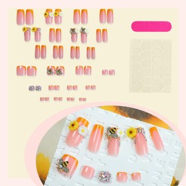 Yellow French Press on Nails Medium & Press on Toenails Set - Square Fake Nails Press ons Nail Art Tips Glue on Nails Full Cover Nude Fake Toe Nails 3D Bee Flower Rhinestones Design Nail Kit