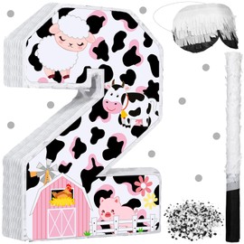 Jexine Cow Number 2 Piñata 16 Inch Pink Cow Farm 2nd Piñata Fiesta Birthday Party Supplies with Stick Blindfold and Confetti for Baby Shower Birthday Decoration