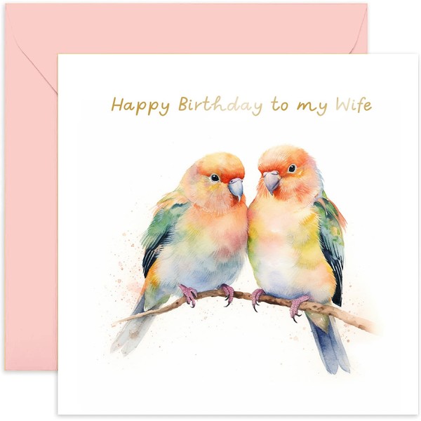 Old English Co. Happy Birthday Card for Wife - Love Bird Painting Special Birthday Card for Her from Husband - Cute Birthday Card for Wife with Gold Foil Detail | Blank Inside with Envelope