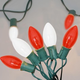 C9 LED Christmas Lights Outdoor, 25ft Vintage Christmas Lights with 27 LED Red White Plastic Bulbs(2 Spare), Hanging Christmas String Lights for Patio Home House Balcony Xmas Decor, Green Wire