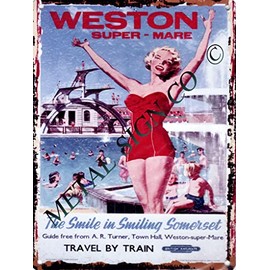 small BRITISH RAILWAYS WESTON SUPERMARE ADVERT METAL WALL SIGN RETRO VINTAGE STYLE 15x20cm coffee shop kitchen bar pub wall art office games room home cinema train railway br