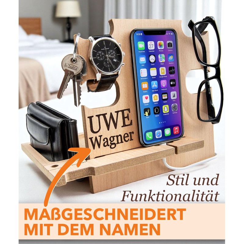 Personalisierte Docking Station Holz – Geschenk für Männer zum Geburtstag