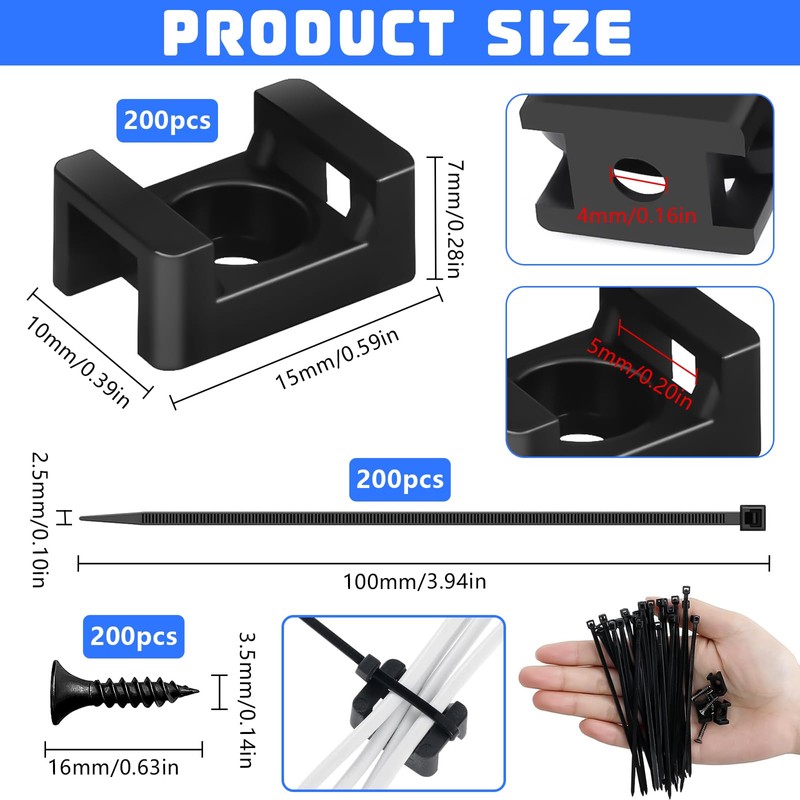 TTYSHIP® Pack of 200 Screw Cable Holders, Screw Base for