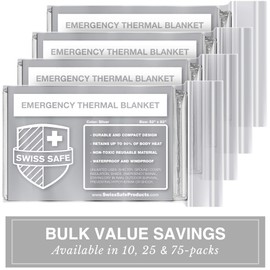 Swiss Safe Emergency Mylar Thermal Blankets + Bonus Space Blanket - Compact & Insulated for Cold Weather - Designed for NASA, Outdoor Camping, Survival, First Aid Car Kit - Silver, 75 Pack