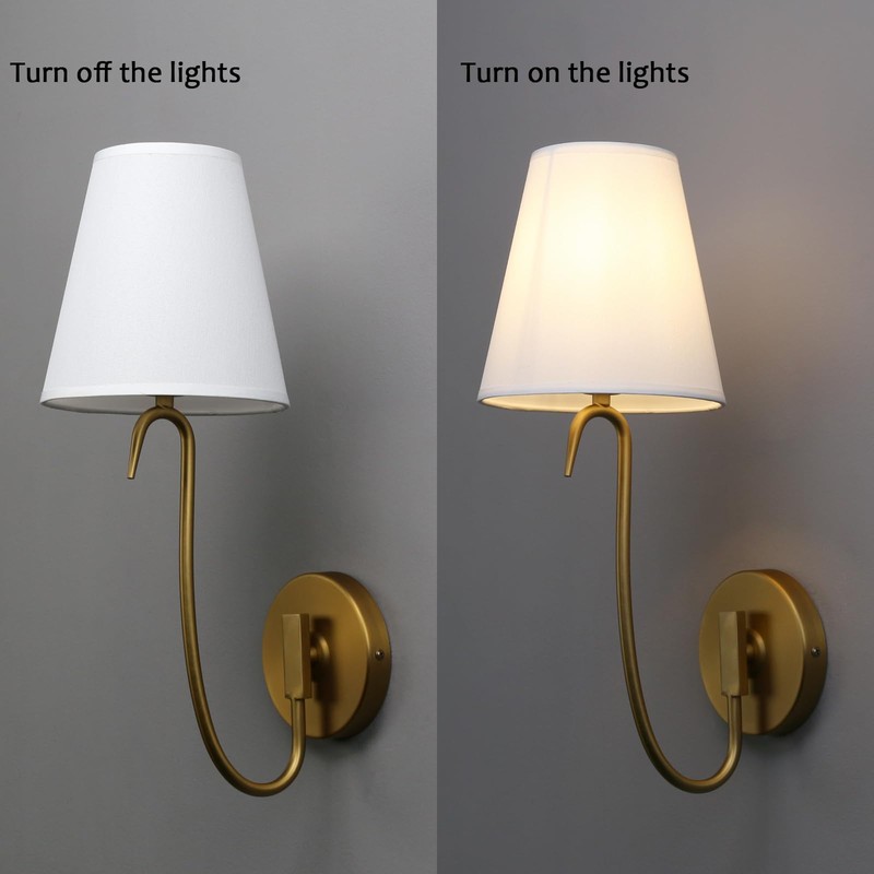 PERMO Antique Goose-Neck Wall Sconce with White Fabric Shade Hardwired