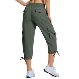 Ksmien Women's Hiking Capris Quick Dry Lightweight Ladies Summer Cargo Pants 8 Pockets for Travel Camping Army-Green