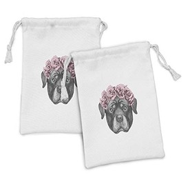 Ambesonne Rottweiler Fabric Pouch Set of 2, Portrait of a Dog with a Head Wreath in Roses, Small Drawstring Bag for Toiletries Masks and Favors, 9" x 6", Grey Dried Rose