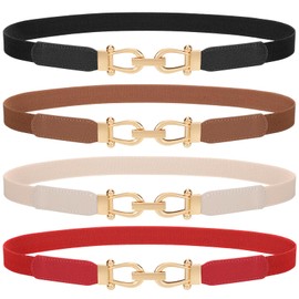 TRIWORKS - Paquete de 4 cinturones elásticos ajustados para mujer, hebilla dorada, cinturones elásticos delgados para vestidos, E-negro+café+beige+rojo, Fits waist size 23"-27"