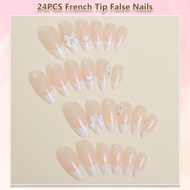 24PCS Almond False Nails - French Tip Nude Fake Nails with 3D White Bow - Medium Length Acrylic Press On Nails with Glue - 12 Sizes Stick on nails Elegant White Tips Design for Women