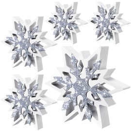 Suzile 5 Pcs Large Christmas Thick Wooden Snowflake Decorations Winter Glitter Snowflake Wood Ornaments Farmhouse Snowflake Centerpieces Table Signs for Xmas Home Office Table Mantel Fireplace Shelf