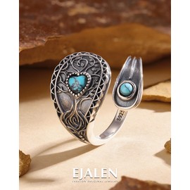 EJALEN S925-Sterling-Silver Turquoise Tree of Life Spoon Ring - Vintage Boho Sunflower Thumb Rings Oxidized Wrap Ring Victorian Style Antique Floral Jewelry Gifts for Women（Tree of Life Ring）