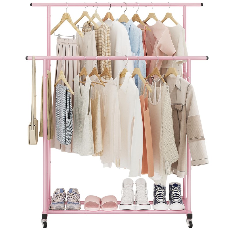Calmootey Double Rod Clothing Garment Rack,Rolling Hanging Clothes Rack,Portable Clothes