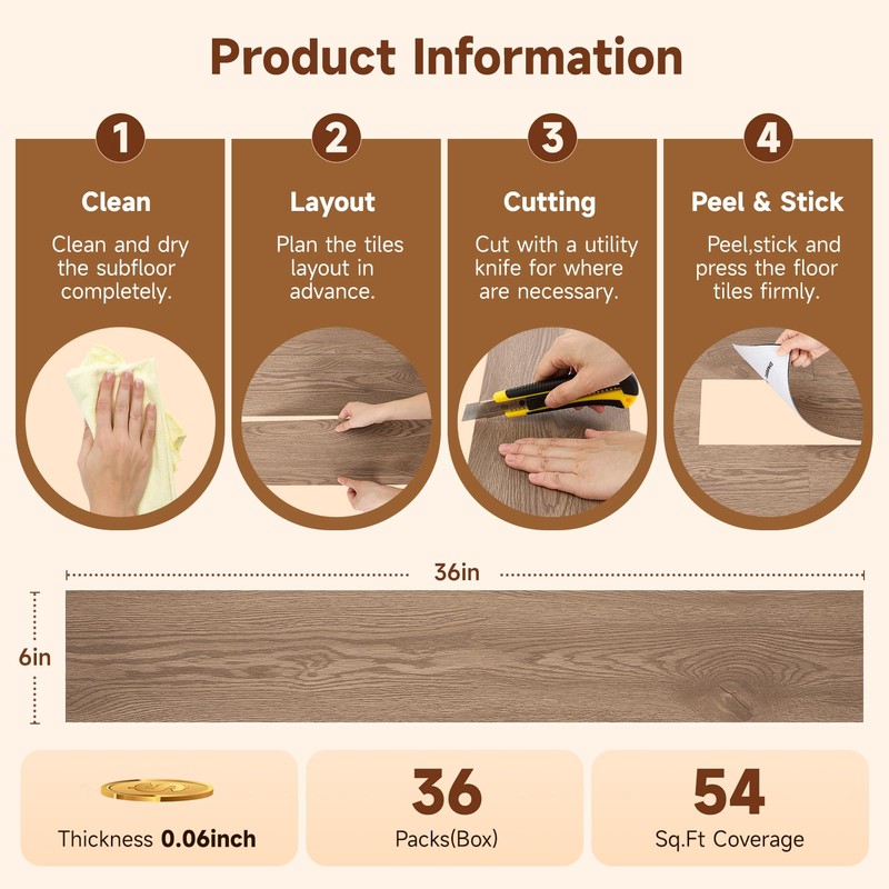 INMOZATA 36 Pack Peel and Stick Floor Tile Waterproof Vinyl