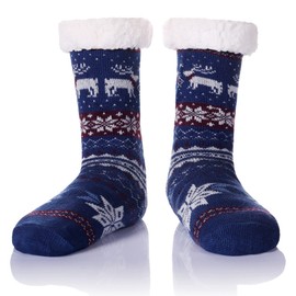 Men's Fleece Lined Cozy Extra Thick Slipper Socks Winter Non-Slip Fuzzy Home Sleeping Stockings (Blue Deer)