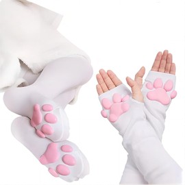 TERUIAOD Cat Paw Socks and Paw Gloves Set,Pink Cute Thigh High Socks for Girls Women Cosplay,3d Kitten Claw Stockings, White Set, 0-1