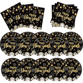 2025 New Year Party Supplies 12060 Pieces Black Gold Party Tableware Set, Including Plates, Napkins for 2025 New Year Birthday Party Decoration, Serve 16 Guests