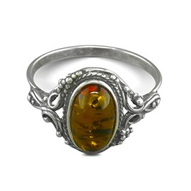 Designer Inspirations Boutique Vintage Oval Baltic Amber Sterling Silver Ring in Ornate Victorian Setting for Women Ladies Girls - Honey Orange Cognac Amber Jewellery - Size R