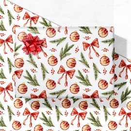 GIOLNIAY Red Bows Christmas Wrapping Paper for Men Women Kids - Holiday Gift Wrap with Pine Branches & Berries on White - 4 Jumbo Sheets, 28" x 40" Each (31 sq. ft ttl), Easy to Store