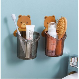 Wolpin Toothbrush Holder (Set of 2 Pcs) Plastic Stand for Toothpaste, Comb, Brush, Cream, Lotion Kids Bathroom Cup Drain Waterproof Self-Adhesive, Teddy Bear