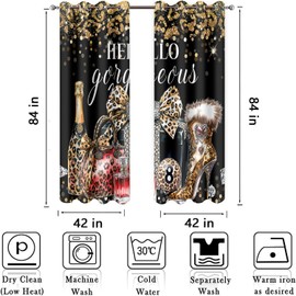 HIYSMT Leopard Print Black Gold Curtains,Cheetah Modern Fashion Bow Champagne 8 Ball Perfume High Heels Blackout Curtain,4284inch Luxury Hello Gorgeous Girly Insulated Drapes 2Panel HI01LC