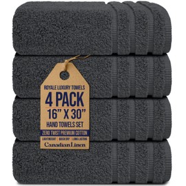 Canadian Linen Royale Luxury Large Hand Towels Set, 16”x30”, 4 Pack, Super Soft Premium Zero Twist Cotton, Lightweight Quick Dry Absorbent Oversized Bathroom Towel, Home Hotel Spa Gym, Dark Grey