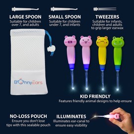 Ear Wax Removal Tool with Led Light for Kids - Toddlers, Infants, Baby and Adult by BonnyEars | Stainless Steel Earwax Remover Kit | Ear Pick Spoon Curette Tweezers Cleaning