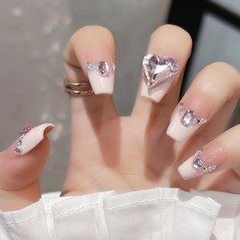 Pure Handmade Nails Press on Nail Reusable Fake Nails Pink RhineStones Bling Bling Medium Stick on Nails French Tip False Nails 10pcs (M, Q301 NAILS)