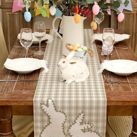 ARKENY Easter Table Runner 13x120 Inches, Bunny Rabbit Hello Peeps Spring Holiday Farmhouse Buffalo Plaid Burlap Indoor Table Decorations for Home AT562-120