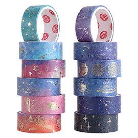 BEHAHAI 12 Rolls Washi Tape Set Galaxy Purple Washi Tape Gold Foil Decorative Washi Masking Tape Pastel Starry Sky Washi Tape Aesthetic for DIY, Bullet Journal, Arts Craft, Gift Wrapping Decoration