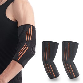 MayKi, Elbow Supporter, Injury Prevention, Joint Protection, Anti-Slip, Breathable, Elastic, 3D Knitting, Easy to Put On and Take Off, Tennis, Golf, Training, Sports, Daily Work, Unisex, Left and Right Use, Pack of 2 (Black & Orange, L)