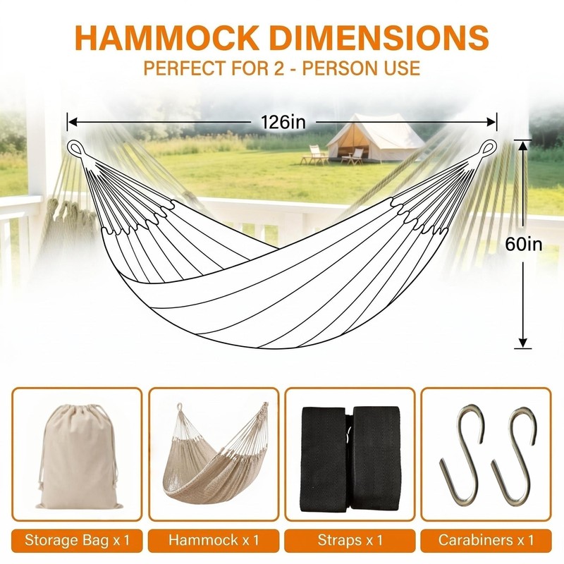 Mayan Handwoven Hammock, 2 Person, 500 lb, Cotton Nylon Rope
