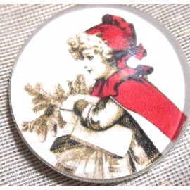 LRG GLASS DOME "VTG" PIC BUTTON  GIRL IN RED CARRYING SMALL XMAS TREE & PRESENTS