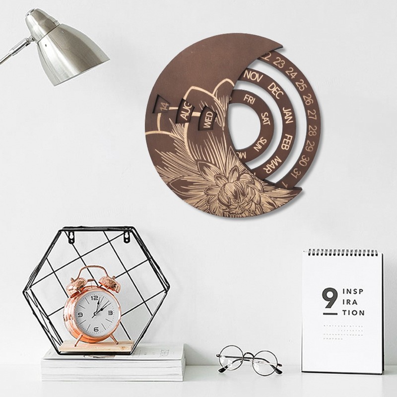 Wooden Wall Calendar Wall Mounted Rotatable Perpetual Calendar Adjustable Round
