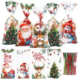 DERAYEE 120PCS Christmas Cellophane Bags, Christmas Goodies Bags Xmas Party Gift Bags with 150PCS Twist Ties for Christmas Party Favors