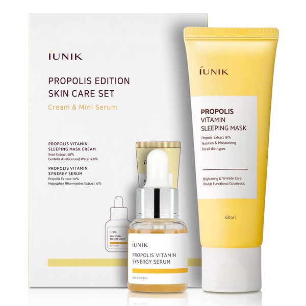 IUNIK Propolis Edition Skincare Set Cosmetic Set (iUNIK Propolis Vitamin Sleeping Mask 60 ml - Night Moisturising Mask with Propolis + Revitalising Nourishing Face Serum 15 ml)