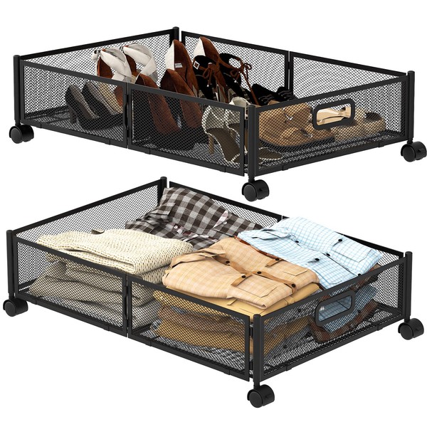 Under Bed Storage Containers,2 Pack Foldable Underbed Storage Containers with Handles and Wheels,Folding Bed Shoes Clothes Organizer,Easy Assembly Underbed Storage for Toy,Bedding,Bedroom(Black)