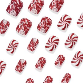 24Pcs White Candy Swirl Press on Nails Winter Christmas Fake Nails Short Square Glue on Nails with Red Glitter Design Acrylic False Nails Glossy Xmas Stick on Nails for Women DIY Manicure Decoration
