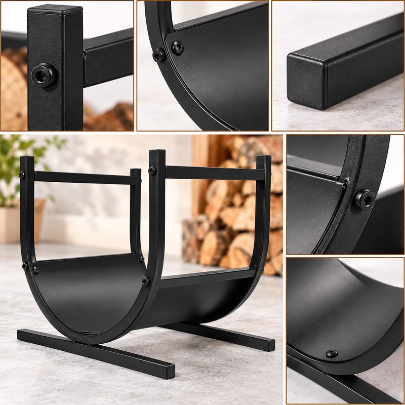 Firewood Log Holder for Indoor Fireplace Storage – Black Metal