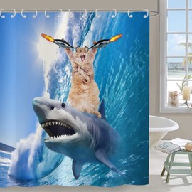 Hnmdmyi Funny Shower Curtain, 90 x 180 cm, Cool Cat Riding Shark Shower Curtains, Ocean Sea Waves Fish Blue, Cute Kids, Boys Bath Curtain, Waterproof, Polyester Fabric, Washable Bath Curtain