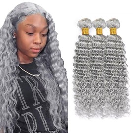 Giginger Sliver Grey Human Hair Bundles 26 28 30 inch Deep Wave Human Hair Bundles Sliver Grey 100% Unprocessed Raw Quick Weave Hair for Black Women