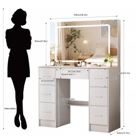 Yamissi New Vanity Table Set Makeup Bedroom Dressing Lighted LED Large Mirror 7 Drawers