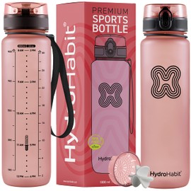 HYDRO HABIT - Sports Water Bottle with Time Marker Reminder - BPA Free, Non Toxic, Smooth Fast Flow Drinking, Flip Top Leak Proof Lid, Shaker Ball and Fruit Infuser Strainer - 32 oz 1 Liter Pink