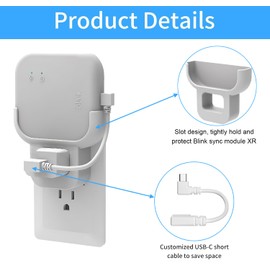Outlet Wall Mount Compatible with Blink Sync Module XR, Space Saving and No Drilling Required Wall Holder Mounting Bracket with Short USB-C Cable for Blink Outdoor Indoor Security System White